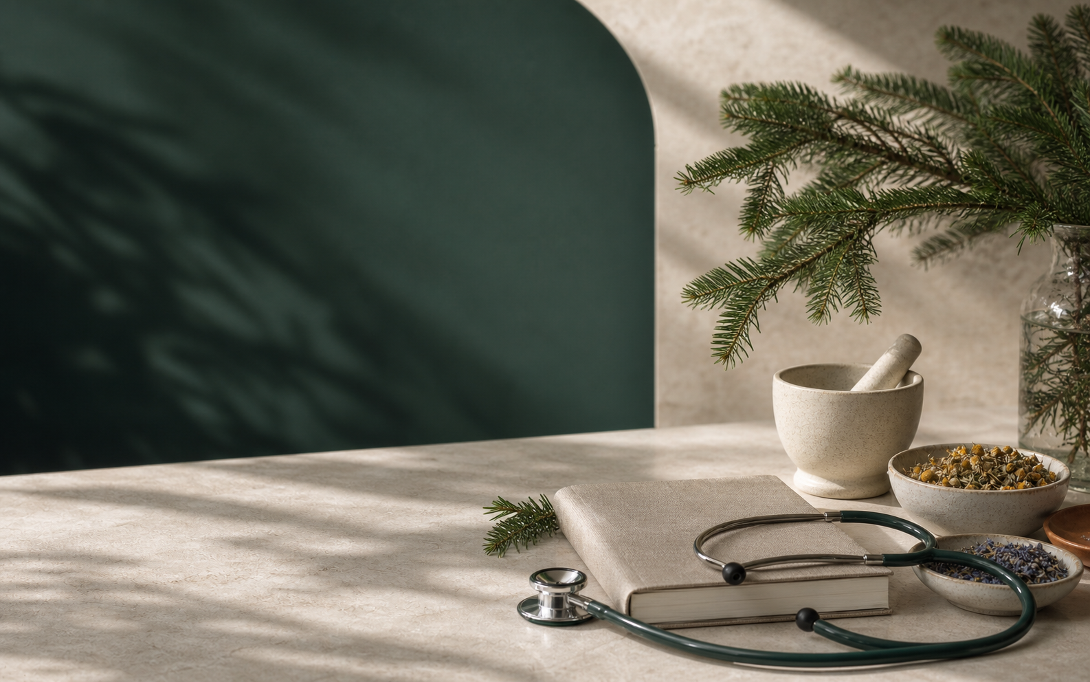Balsam fir, botanicals, a notebook and stethoscope arranged in a calm clinic setting
