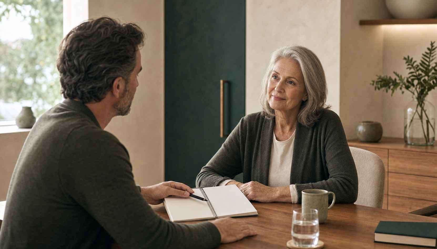 Illustrative editorial scene of an older adult in a thoughtful wellness consultation